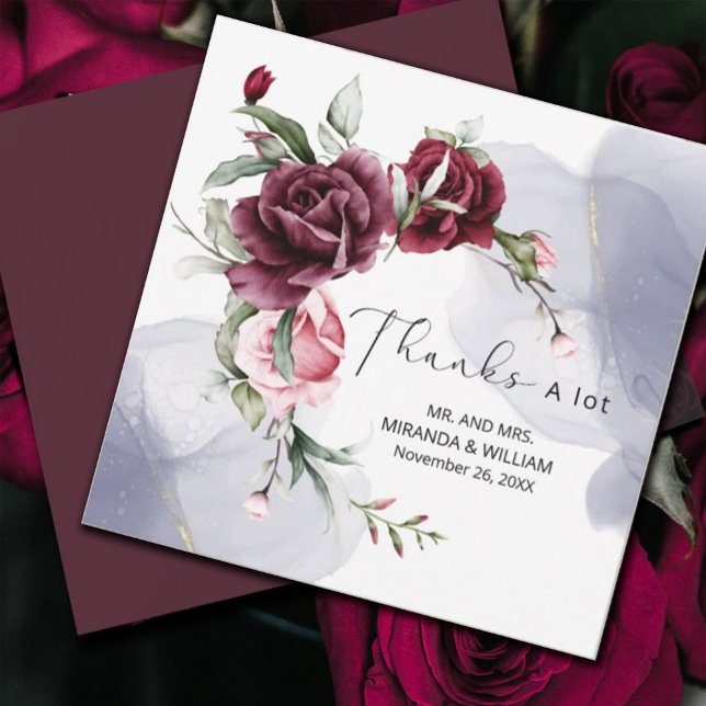 Elégant Merci d'aquarelle de Roses Rouges Bourgogn (#Romance #redroses #thankyoucard#FloralRomance #romanticburgundy #Blush #elegantinvitation)
