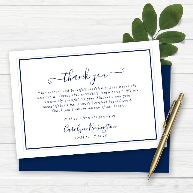 Élégant Merci de la Sympathie Bleu Blancs de la Ma (Elegant Navy Blue White Sympathy Thank You Note Cards)