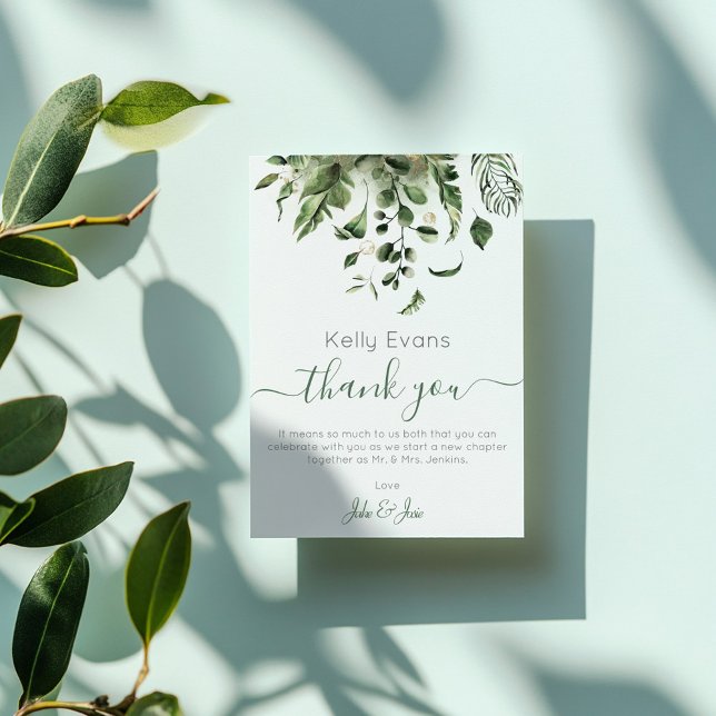 Élégant Merci de Mariage végétal vert (Wedding photo, green leaves wedding thank you card)