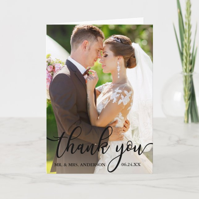 Élégant Merci Script Mariage photo carte pliable B (Devant)
