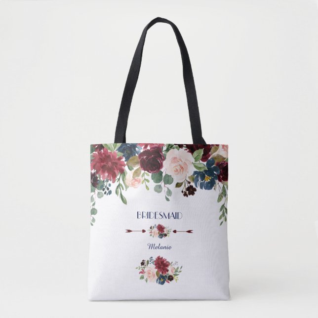 Elegant Merlot Navy Blue Floral Bridesmaid Tasche (Vorderseite)