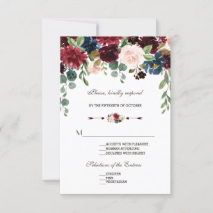 Elegant Merlot Navy Blue Floral Wedding RSVP Karte