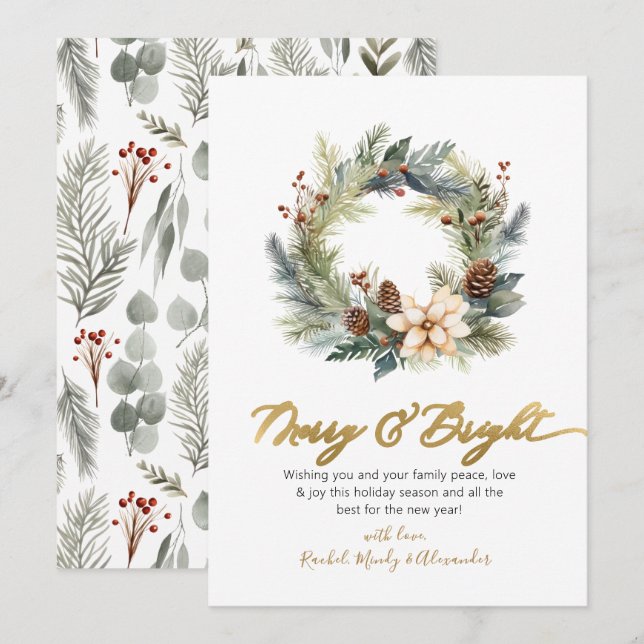 Elegant Merry and Bright Script Wreath Weihnachten (Vorne/Hinten)