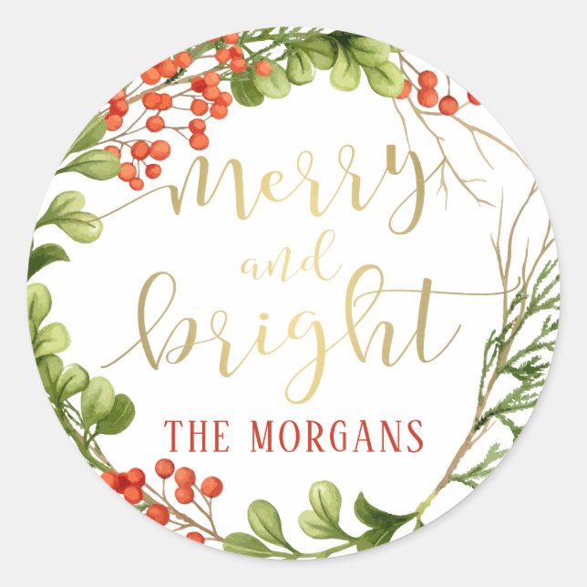 Elegant Merry and Bright Wreath Holiday Runder Aufkleber (Vorderseite)