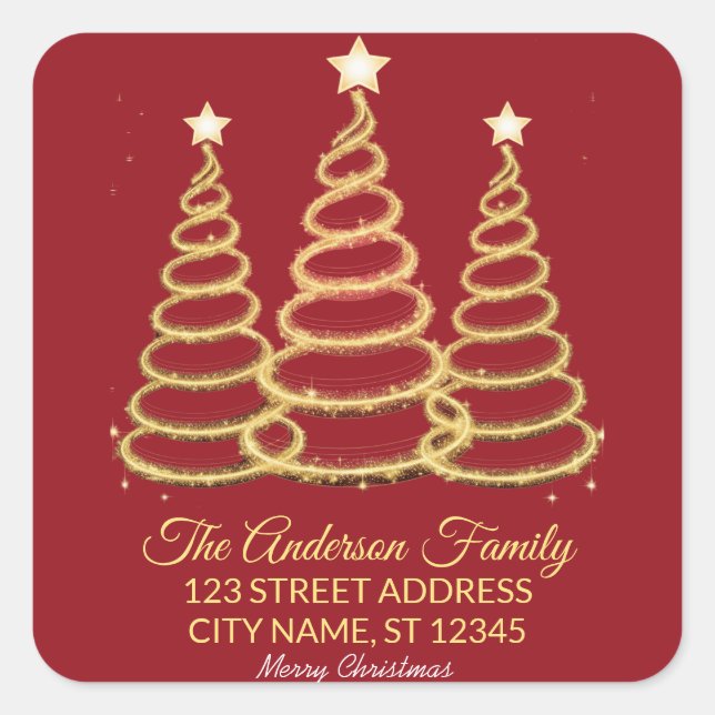 Elegant Merry & Bright Tree Lights Rot und Gold Quadratischer Aufkleber (Vorderseite)