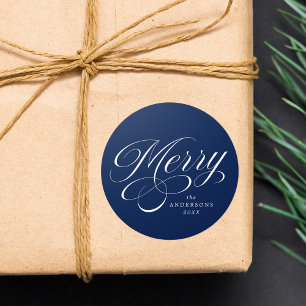 Elegant Merry Calligraphy Script Navy Holiday Runder Aufkleber