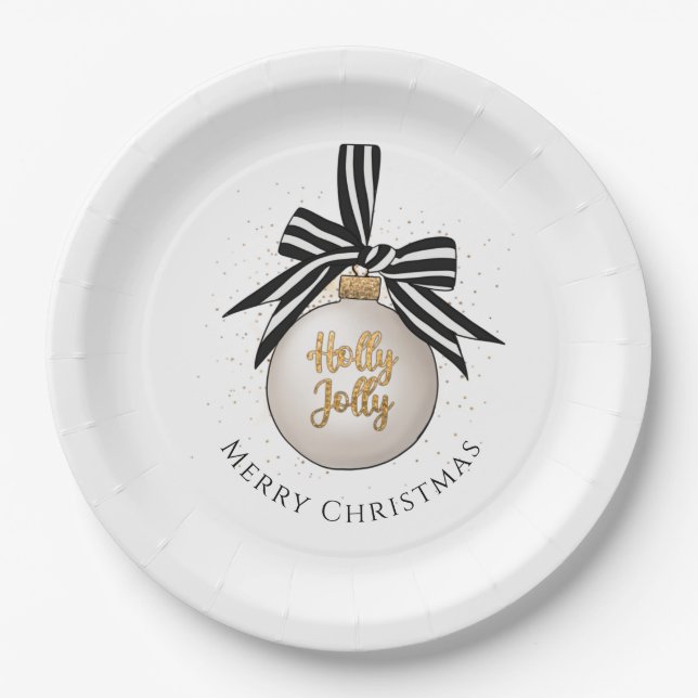 Elegant Merry Christmas Bauble White Black Pappteller (Vorderseite)