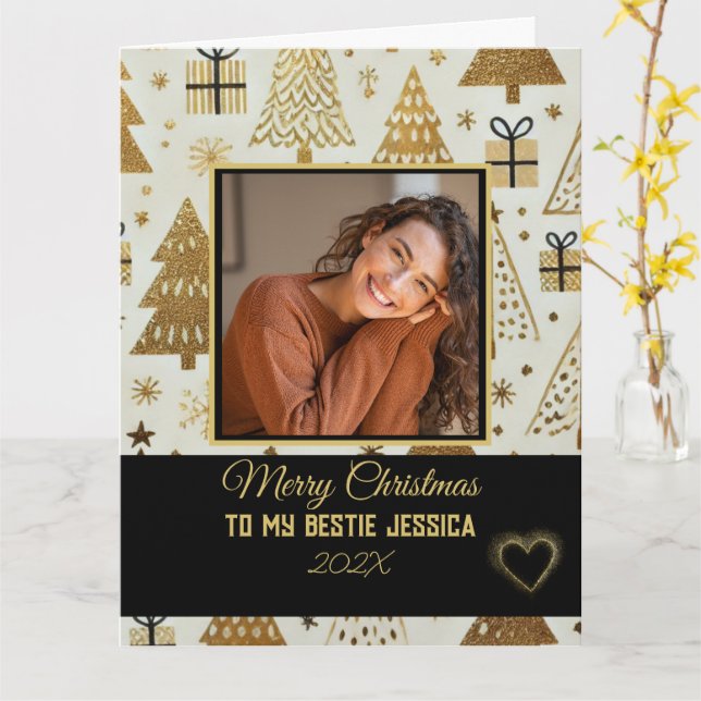 Elegant Merry Christmas Bestie Black and Gold Karte (Gelbe Blume)