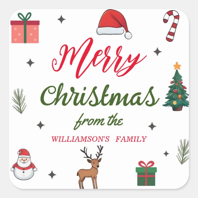 Elegant Merry Christmas Custom Familienname Quadratischer Aufkleber (Vorderseite)