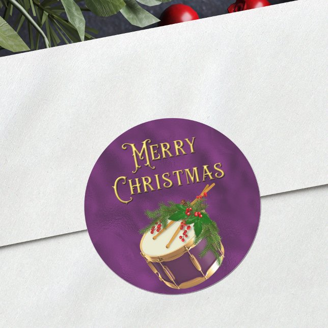 Elegant Merry Christmas Music Drum Purple Runder Aufkleber (Von Creator hochgeladen)