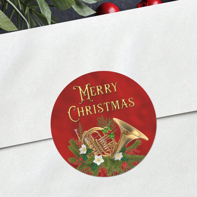 Elegant Merry Christmas Music French Horn Red Runder Aufkleber (Von Creator hochgeladen)