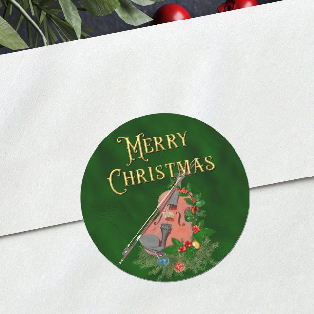 Elegant Merry Christmas Music Violin Green Runder Aufkleber (Von Creator hochgeladen)