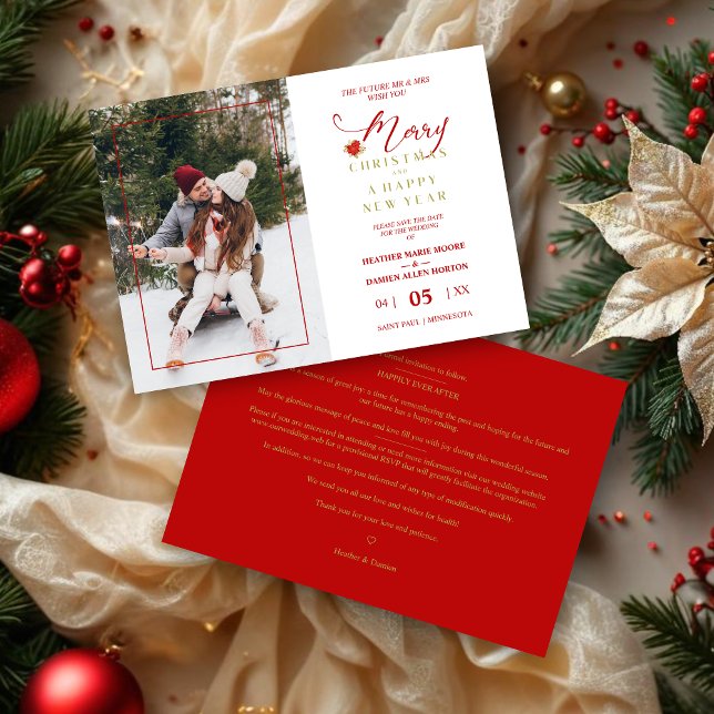 Elegant Merry Christmas Poinsettias Wreath Foto Save The Date (Merry Christmas Poinsettias Wreath Photo Wedding MR & MRS Couple Save the Date with Envelope.)