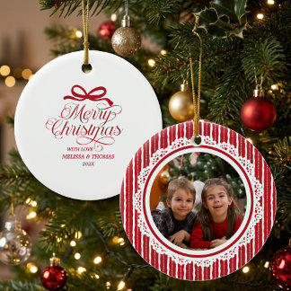 Elegant Merry Christmas Red Bow Stripes Photo Name Keramik Ornament
