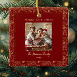 Elegant Merry Christmas Red Faux Gold Photo Keramikornament
