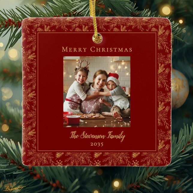 Elegant Merry Christmas Red Faux Gold Photo Keramikornament (Von Creator hochgeladen)