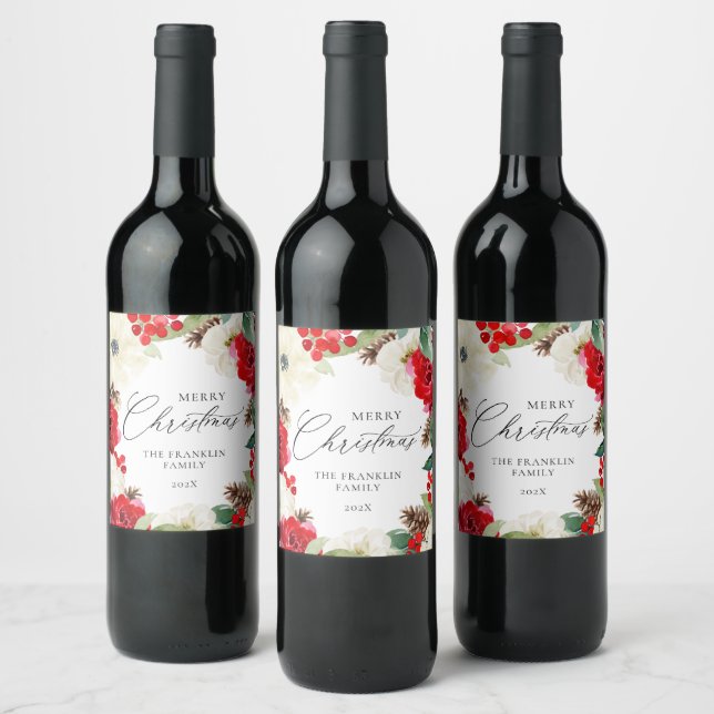 Elegant Merry Christmas Red Floral Weinetikett (Flaschen)