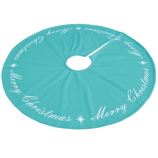 Elegant Merry Christmas Robins Egg Turquoise Fleece Weihnachtsbaumdecke (Schrägansicht)