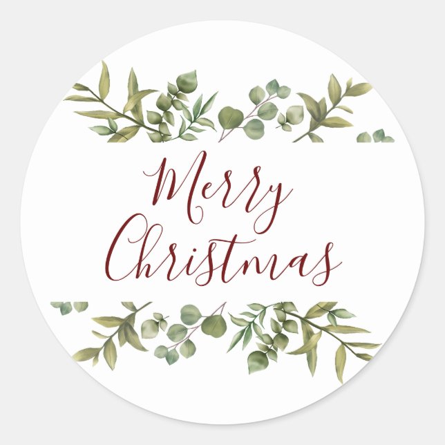Elegant Merry Christmas Script Greenery Runder Aufkleber (Vorderseite)
