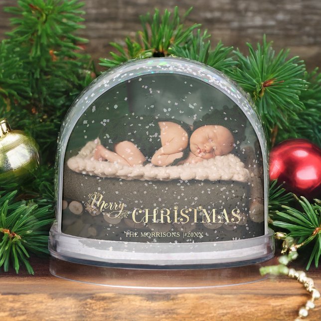 Elegant Merry Christmas Script Photo Snow Globe (Créateur téléchargé)