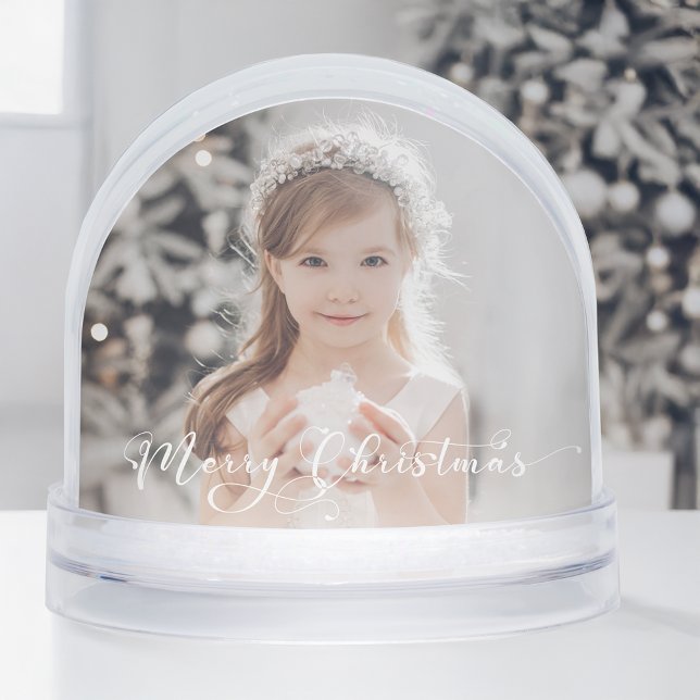 Elegant Merry Christmas Script Photo Snow Globe (Créateur téléchargé)