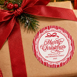 Elegant Merry Christmas Script Red Bow Stripes Runder Aufkleber
