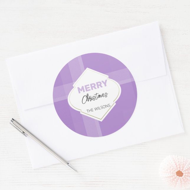 Elegant Merry Christmas Tartan Lilac Violet Runder Aufkleber (Umschlag)