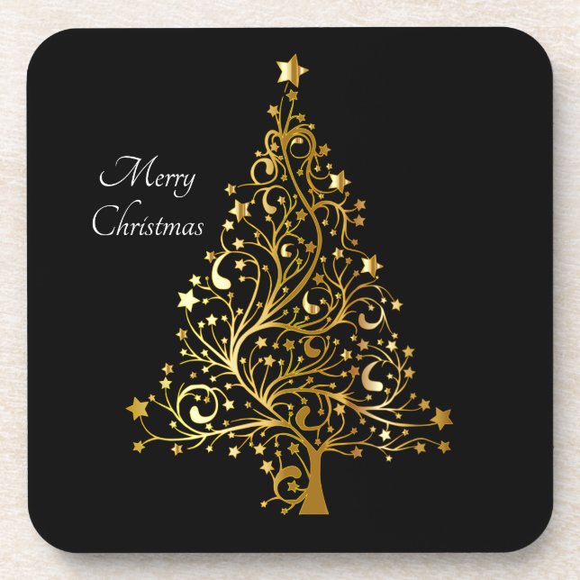Elegant Merry Christmas Tree Art Gold Black Stars  Getränkeuntersetzer (Vorderseite)