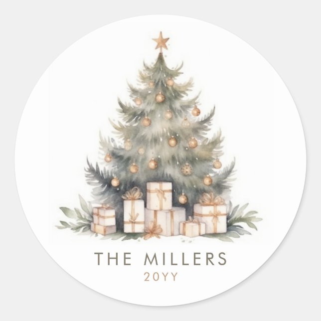 Elegant Merry Christmas Tree Gold Minimalistisch Runder Aufkleber (Vorderseite)