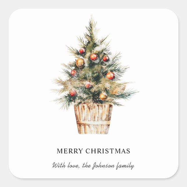 Elegant Merry Christmas Tree Quadratischer Aufkleber (Vorderseite)