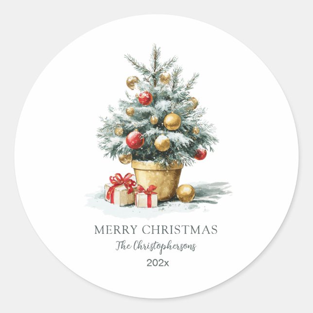 Elegant Merry Christmas Tree Runder Aufkleber (Vorderseite)