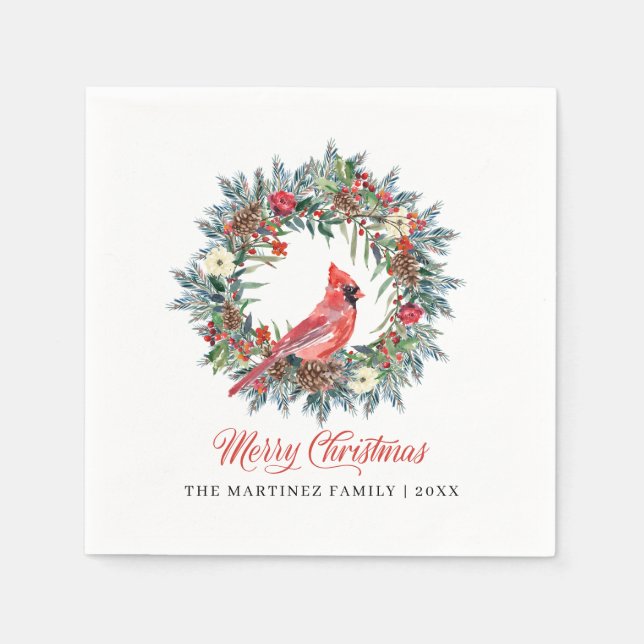 Elegant Merry Christmas Wreath Red Kardinal Napkin Serviette (Vorderseite)