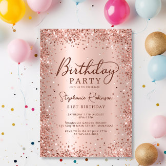 Elegant Metal Rose Gold Glitzer 21. Geburtstag Einladung