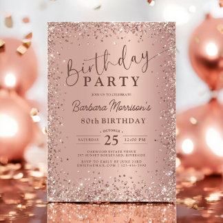 Elegant Metal Rose Gold Glitzer 80. Geburtstag Chi Einladung