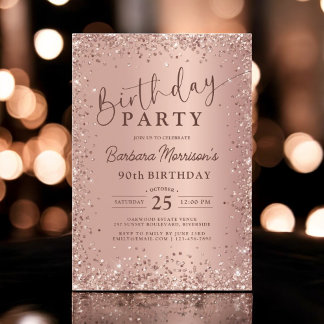 Elegant Metal Rose Gold Glitzer 90. Geburtstag Chi Einladung
