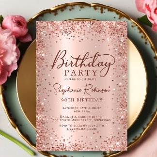 Elegant Metal Rose Gold Glitzer 90. Geburtstag Einladung