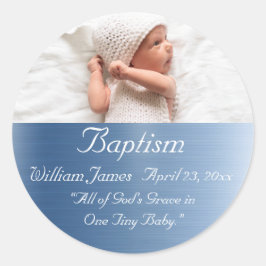 Elegant Metallic Blue Name Baby Boy Taufe Runder Aufkleber