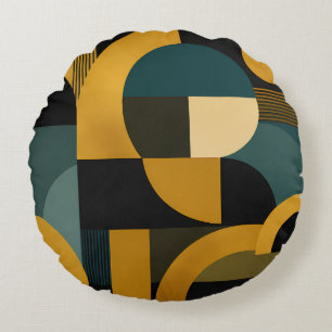 Elegant Mid-Century Modern Gold und Teal Geometris Rundes Kissen