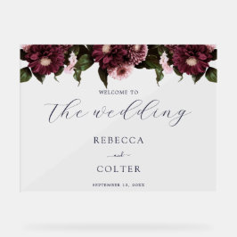 Elegant Midnight Blue Burgundy Floral Wedding Acrylschild