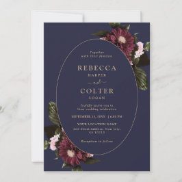Elegant Midnight Blue Burgundy Floral Wedding Einladung