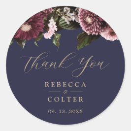 Elegant Midnight Blue Burgundy Floral Wedding Runder Aufkleber