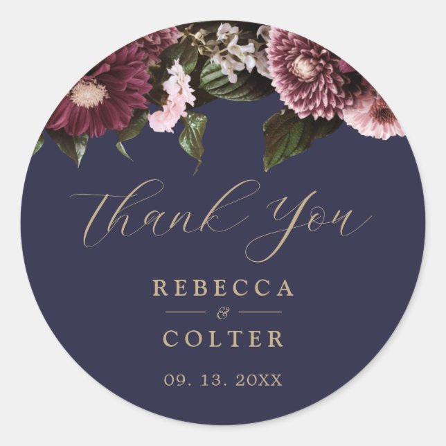 Elegant Midnight Blue Burgundy Floral Wedding Runder Aufkleber (Vorderseite)
