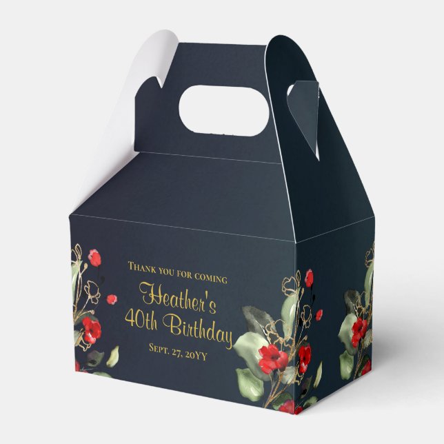 Elegant Midnight Blue Red Floral Birthday Geschenkschachtel (Vorderseite)