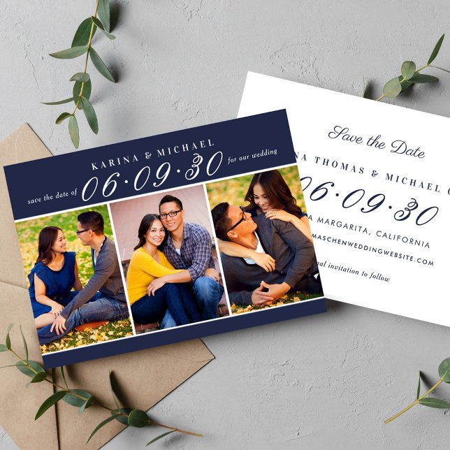Elegant Midnight Blue Wedding Foto Collage Save The Date (Von Creator hochgeladen)
