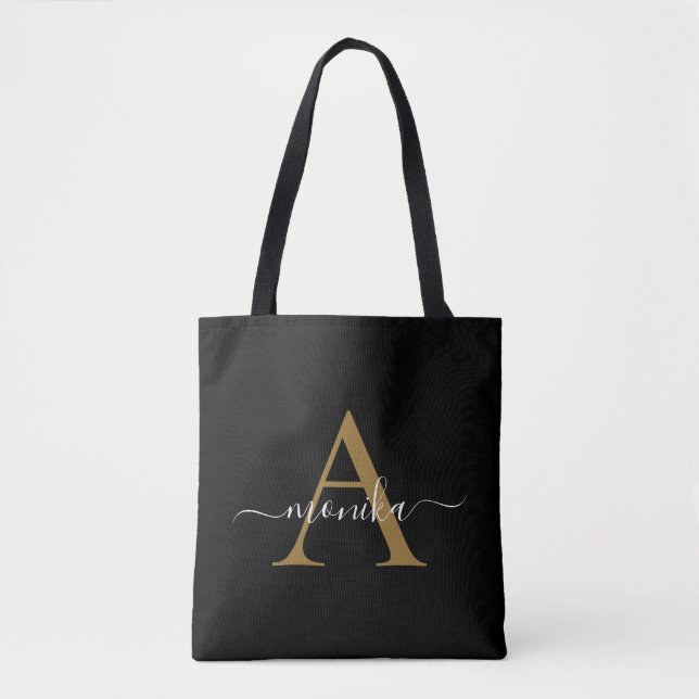 Elegant Minimal Black Gold Monogram Name Initial Tasche (Vorderseite)