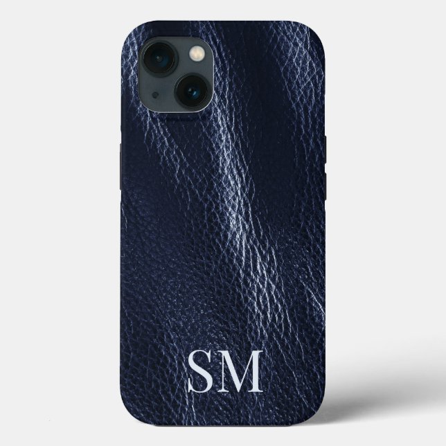 Elegant Minimal Blue Leather Monogram Initials Case-Mate iPhone Hülle (Rückseite)