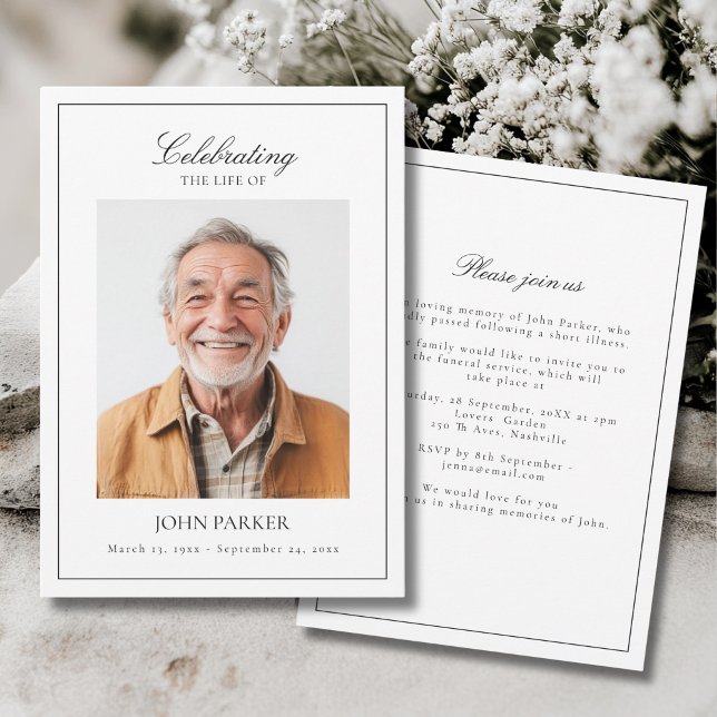 Elegant Minimal Celebration of Life Funeral Photo  Einladung (Elegant Minimal Celebration of Life Funeral Photo Invitation)