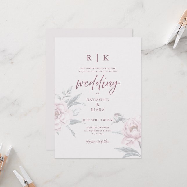 Elegant Minimal Dusky Pink Peony Floral Wedding  Einladung (Vorderseite/Rückseite Beispiel)
