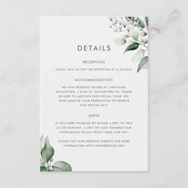 Elegant Minimal Eukalyptus Greenery Wedding Begleitkarte (Vorderseite)
