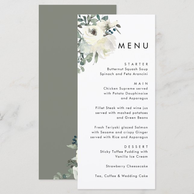 Elegant Minimal Ivory Floral Olive Green Wedding  Menükarte (Vorne/Hinten)